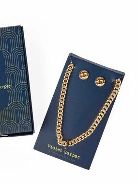 Violet Harper Elana Link Gold Plated Necklace & Round Hammered Earrings Set-NEW